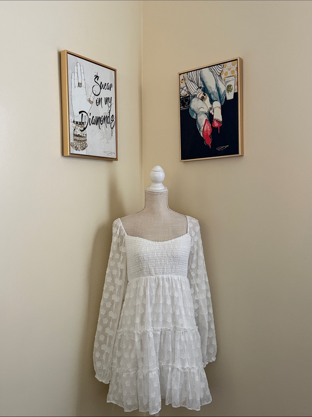 Midnight Doll Smocked Square Neck White Lace Mini Dress - Picture 3 of 15